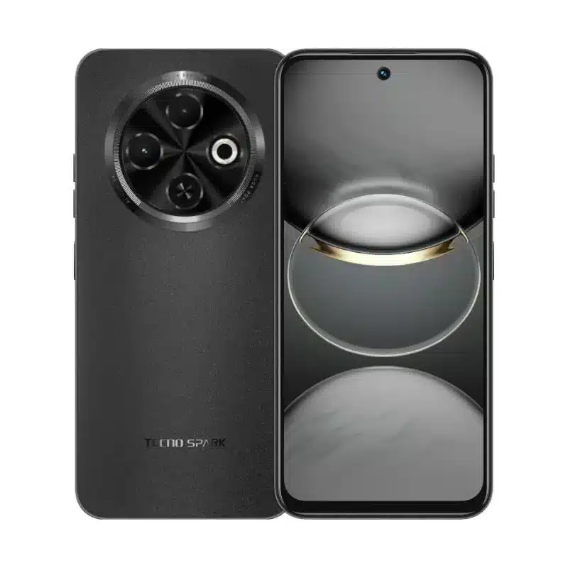 Vista trasera del Tecno Spark 30C en color Órbita Negra con módulo de cámara dual y acabado reflectante elegante