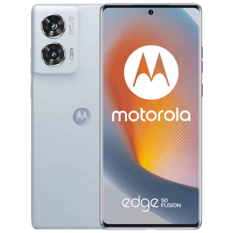 Vista trasera del Motorola edge 50 Fusion 5g en azul malvavisco, diseño pastel suave y moderno