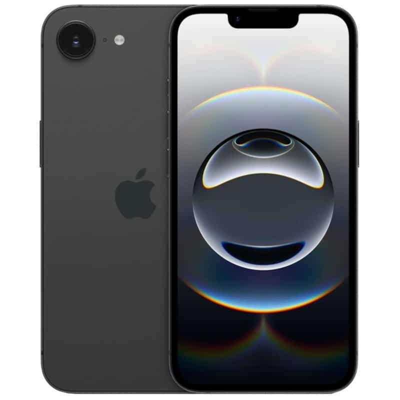Vista frontal y trasera del iPhone 16E de 128GB en color negro, mostrando su diseño delgado, pantalla de borde a borde y cámaras traseras dobles de alta resolución.