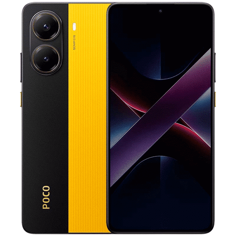 POCO X7 Pro 5G color amarillo visto desde ángulo trasero